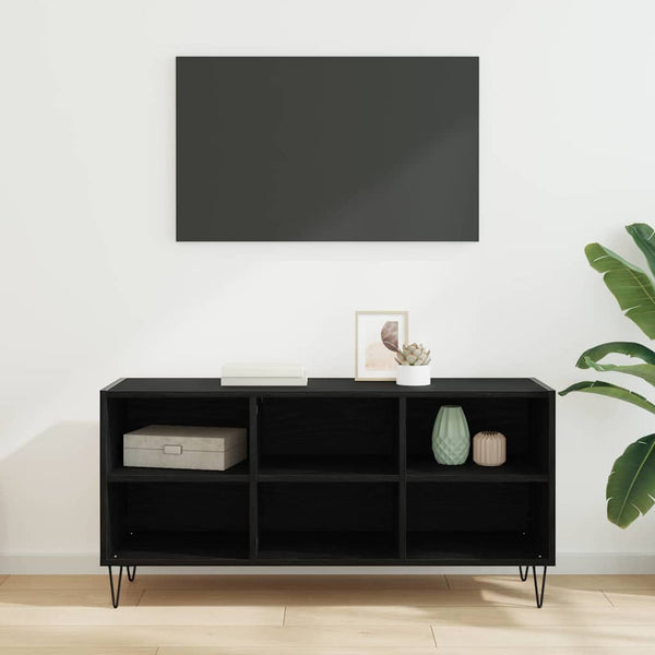 TV-kaappi mustasta tammesta. Tekninen puu, mitat 103,5 x 30 x 50 cm.