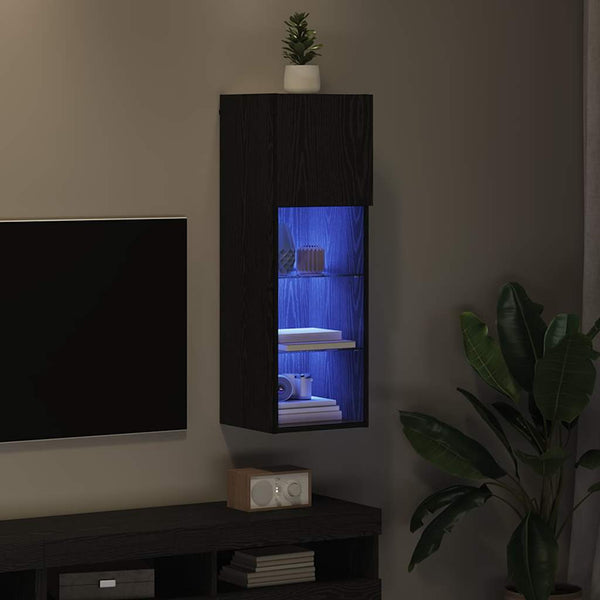 LED-nauhavalot, seinälle kiinnitettävä Musta tammi TV-kaapisto.