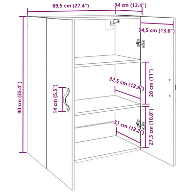 seinälle asennettavat kaapit 2 pcs Vanha puu 69.5 x 34 x 90 cm