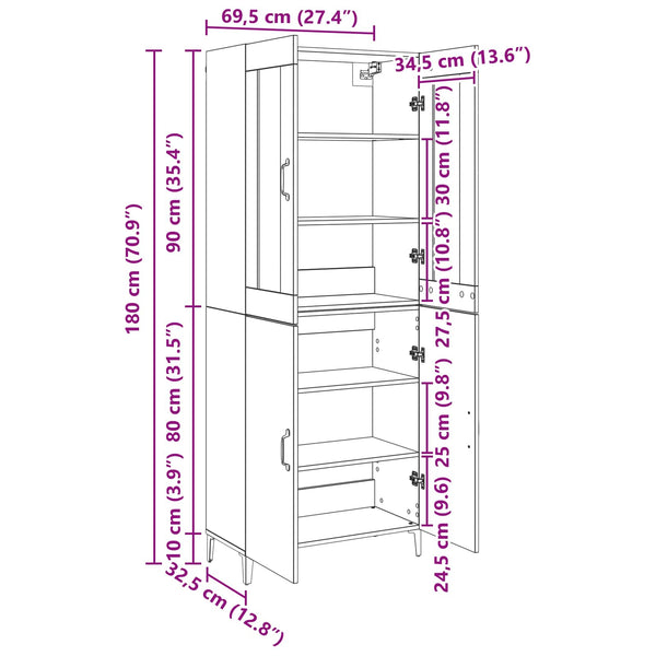 Korkea kaappi 2 kpl Vanha puu 69,5 x 34 x 180 cm Tekninen puu