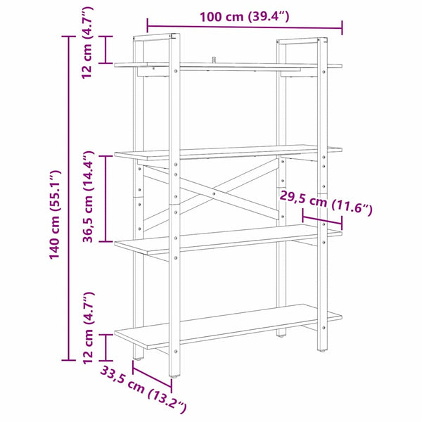 Kirjahylly 4 tasoa 100 x 33,5 x 140 cm Tekninen puu