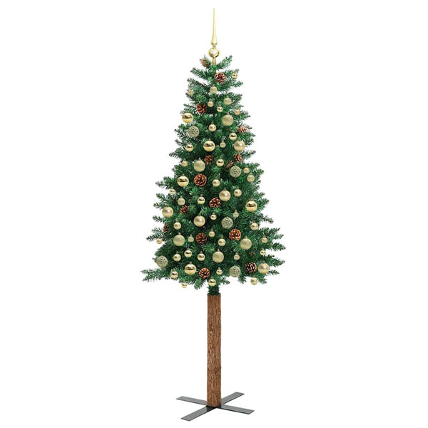 Kapea joulupuu jalustalla Vihreä 210 cm PVC ja massiivipetäjä