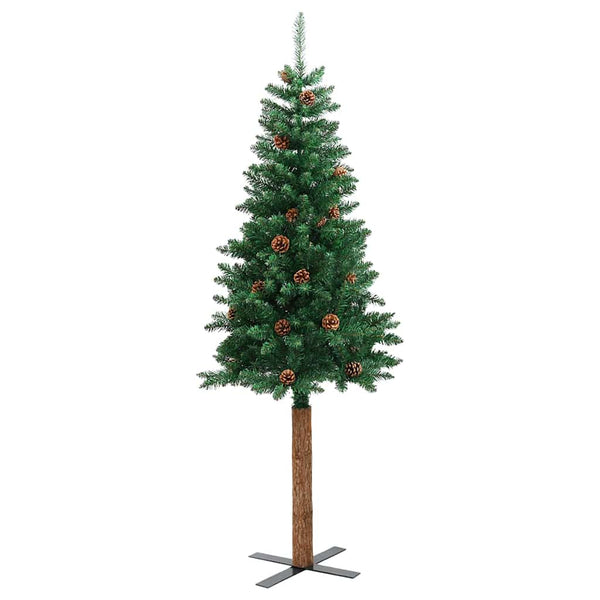 Kapea joulupuu jalustalla Vihreä 210 cm PVC ja massiivipetäjä