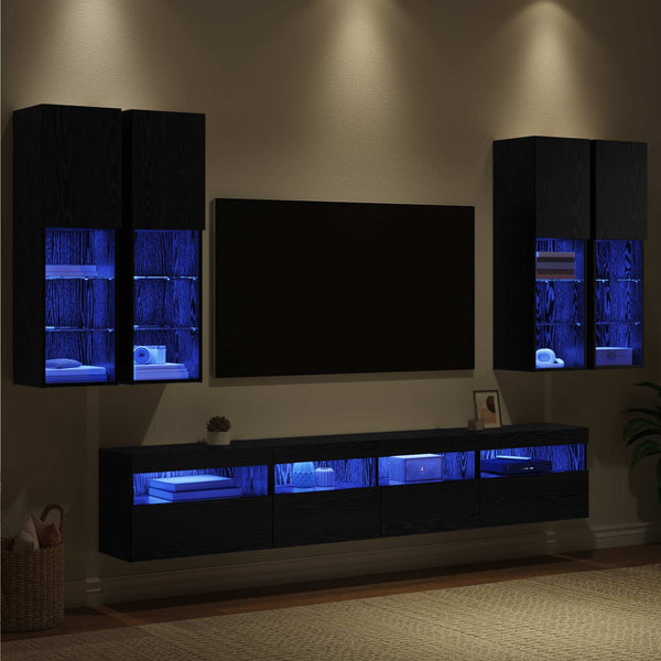 TV-seinäkappisetti LED-valoilla 7 pcs Musta tammi.