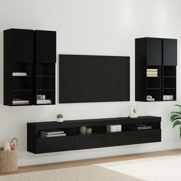TV-seinäkappisetti LED-valoilla 7 pcs Musta tammi.