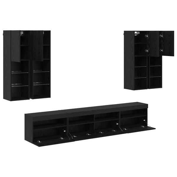 TV-seinäkappisetti LED-valoilla 7 pcs Musta tammi.