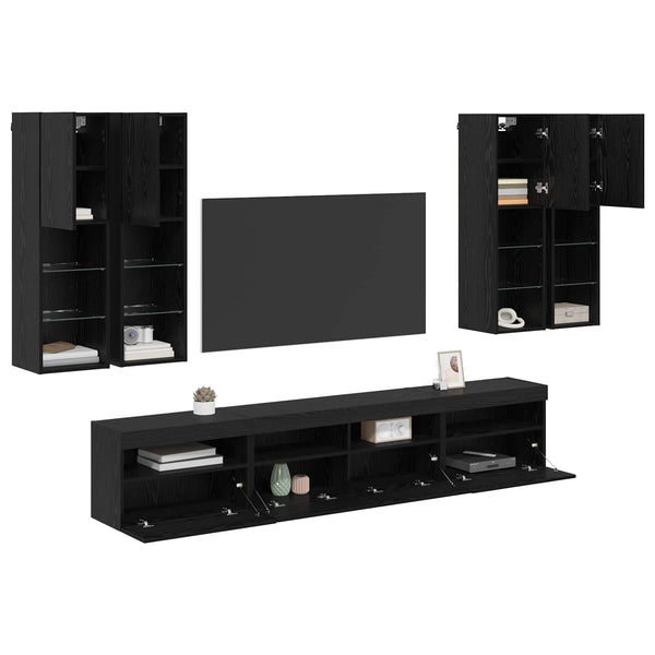 TV-seinäkappisetti LED-valoilla 7 pcs Musta tammi.