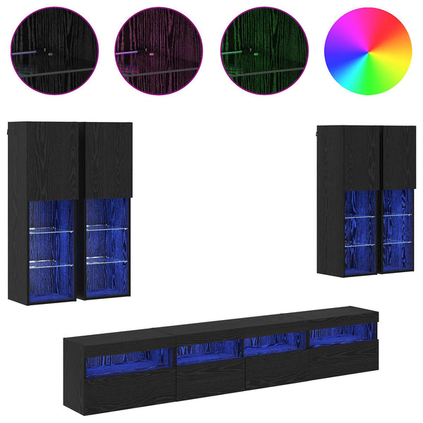 TV-seinäkappisetti LED-valoilla 7 pcs Musta tammi.