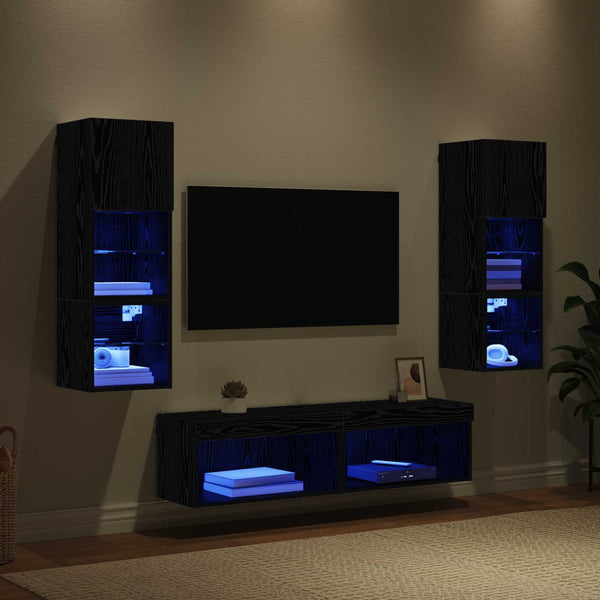 LED-nauhavalot 6 kpl Musta tammi TV-seinäyksikkö. Tekninen puu