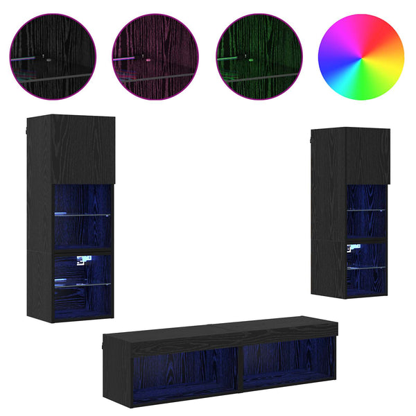 LED-nauhavalot 6 kpl Musta tammi TV-seinäyksikkö. Tekninen puu