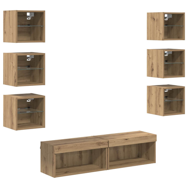 TV-kaappi LED -nauhavalot 8 pcs Artisan tammi Lasi