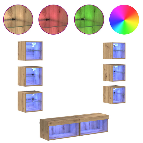 TV-kaappi LED -nauhavalot 8 pcs Artisan tammi Lasi