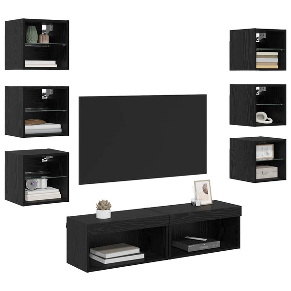 TV-kaappi LED -nauhavalot 8 pcs Musta tammi. Lasi