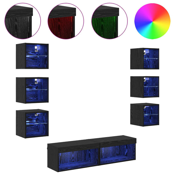TV-kaappi LED -nauhavalot 8 pcs Musta tammi. Lasi