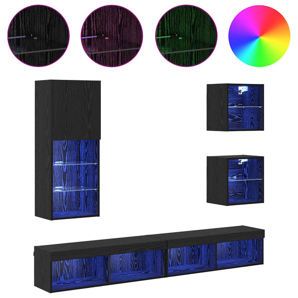 TV Seinäkappaleet LED:llä 5 kpl Musta tammi. 100 x 30 x 30 cm