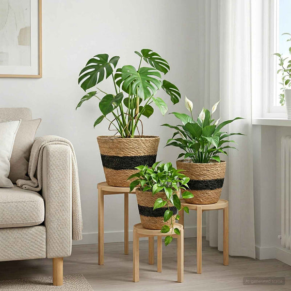 Plant Pot 3 kpl Luonnollinen ja musta Ø26 x 19 cm