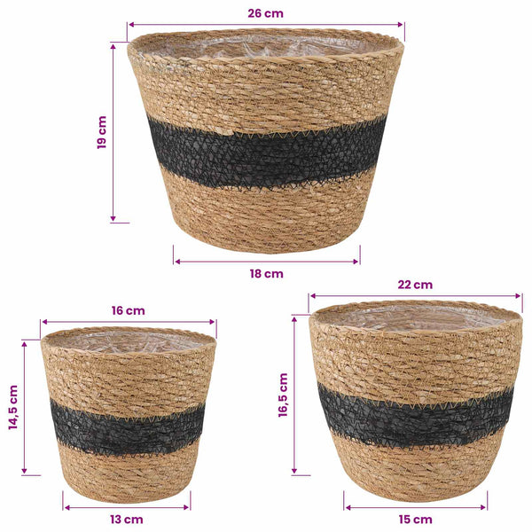 Plant Pot 3 kpl Luonnollinen ja musta Ø26 x 19 cm