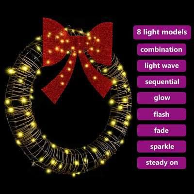 Lämmin valkoinen seppele Hriscu 90cm (80 led-valoilla rottinki)