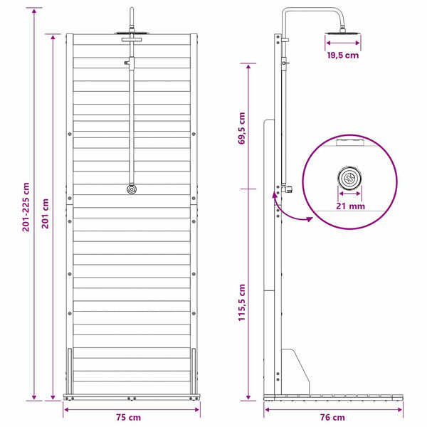 Ulko-suihku 225 cm Täysi mänty ja ruostumaton teräs valkoinen