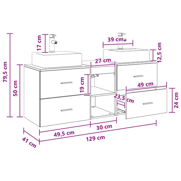 Kylpyhuoneen kaappisetti 3 kpl Sonoma-tammi 129 x 41 x 79,5 cm