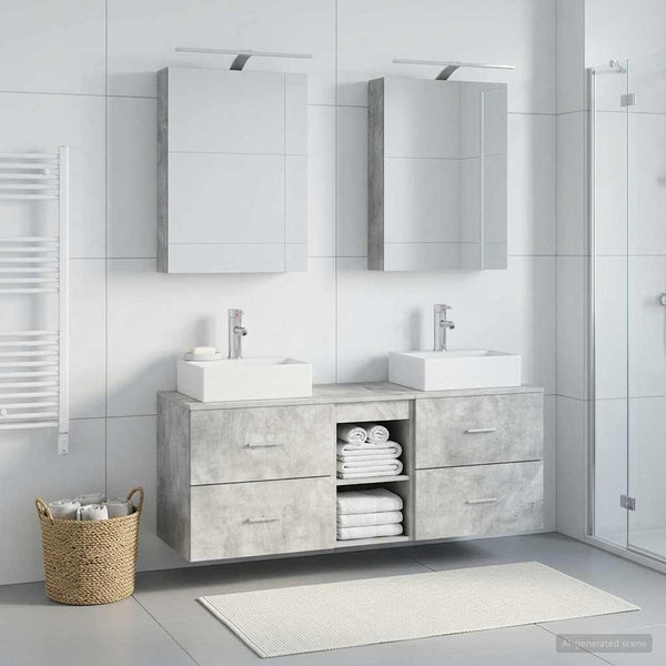 Kylpyhuonekalustesetti 5 kpl Betoninharmaa Tekninen puu ja lasi