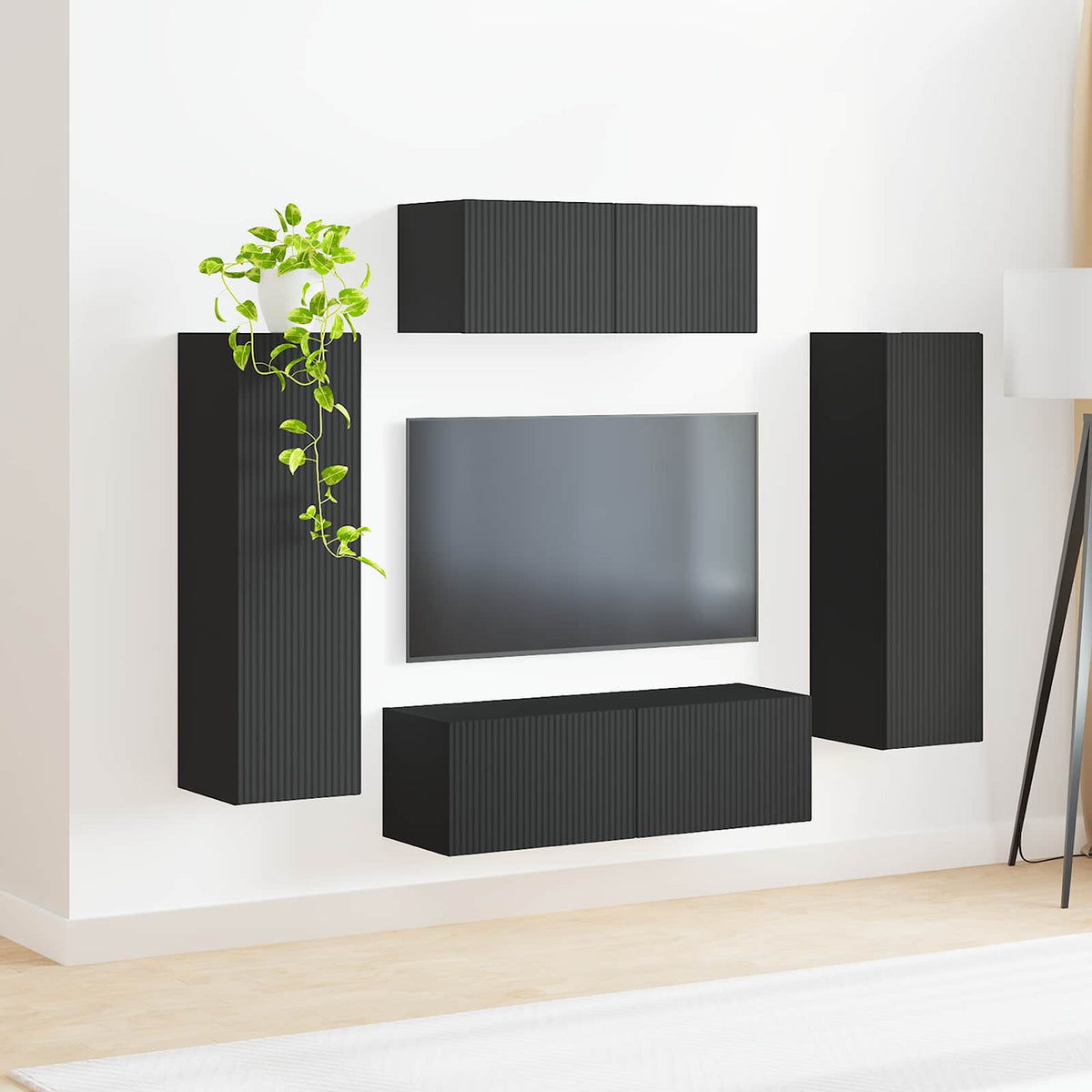 Tekninen puu Musta Seinäkiinnitettävä TV-tasosetti 3 pcs