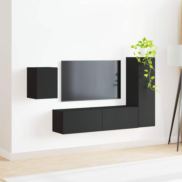 Seinäkiinnitettävä TV-tasosetti 4 pcs Musta Tekninen puu