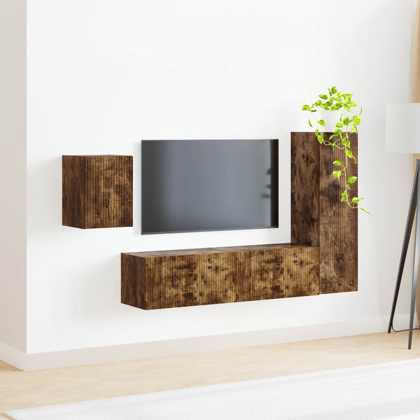 Seinäkiinnitettävä TV-tasosetti 4 pcs Savupähkinä Tekninen puu