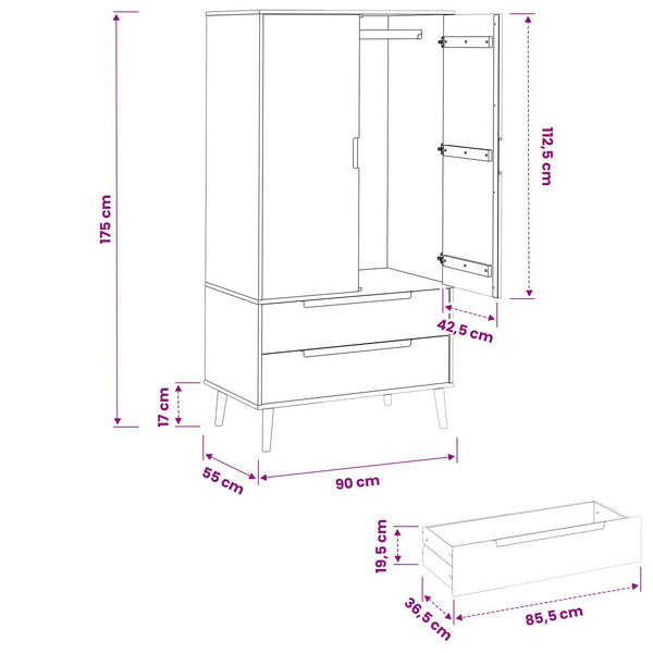 Vaatekaappi MOLDE Karamelli 90 x 55 x 175 cm Täysi mänty