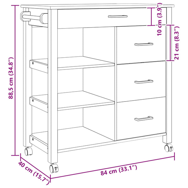 Keittiövaunu MONZA Musta 84 x 40 x 88,5 cm Massiivinen mänty