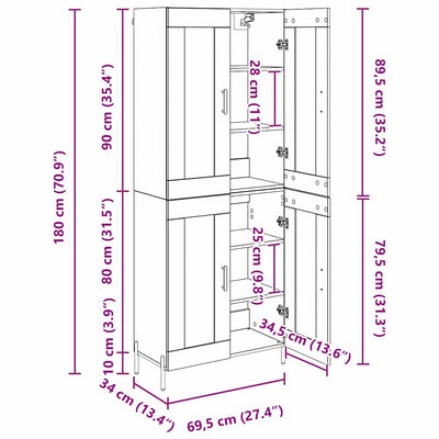 Korkea kaappi 2 pcs Musta tammi. 69,5 x 34 x 180 cm