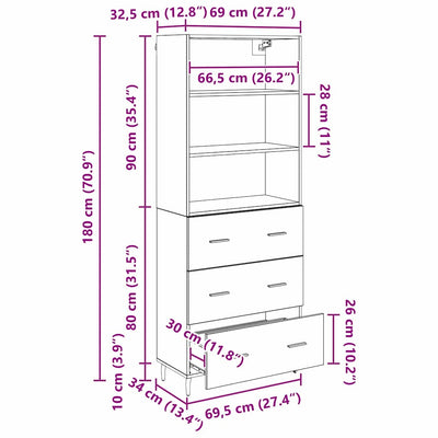 Korkea kaappi 2 pcs Musta tammi. 69,5 x 34 x 180 cm