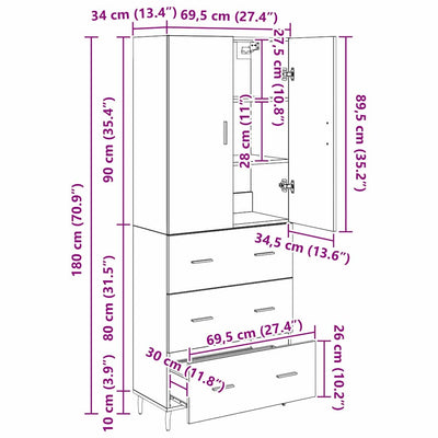 Korkea kaappi 2 pcs Musta tammi 69,5 x 34 x 180 cm Tekninen puu