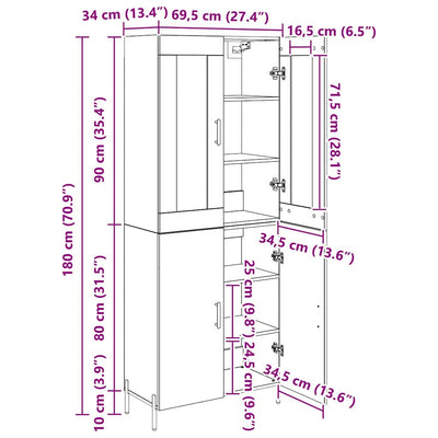 Korkea kaappi 2 pcs Musta tammi. 69,5 x 34 x 180 cm