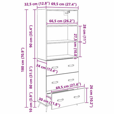 Korkea kaappi 2 pcs Musta tammi 69,5 x 34 x 180 cm Tekninen puu