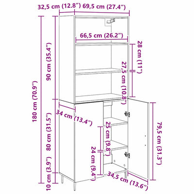 Korkea kaappi 2 pcs Musta tammi. 69,5 x 34 x 180 cm