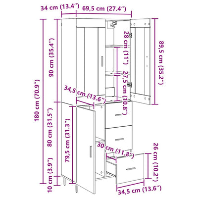 Korkea kaappi 2 pcs Musta tammi. 69,5 x 34 x 180 cm