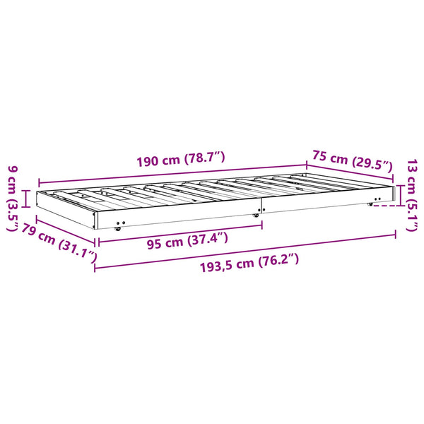 Sängyn runko pyörällä Vaha ruskea 70 x 190 cm Massiivinen mänty