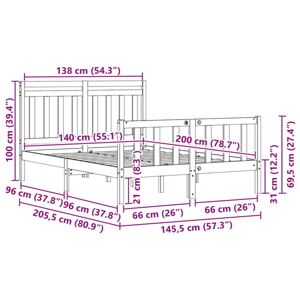 Sängyn runko päätyllä 2 pcs Vaha ruskea 205,5 x 145,5 x 100 cm