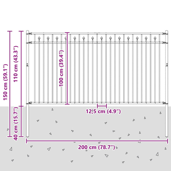 Piikki Aita BAARLO 200 x 100 cm Jauhemaalattu Teräs Musta