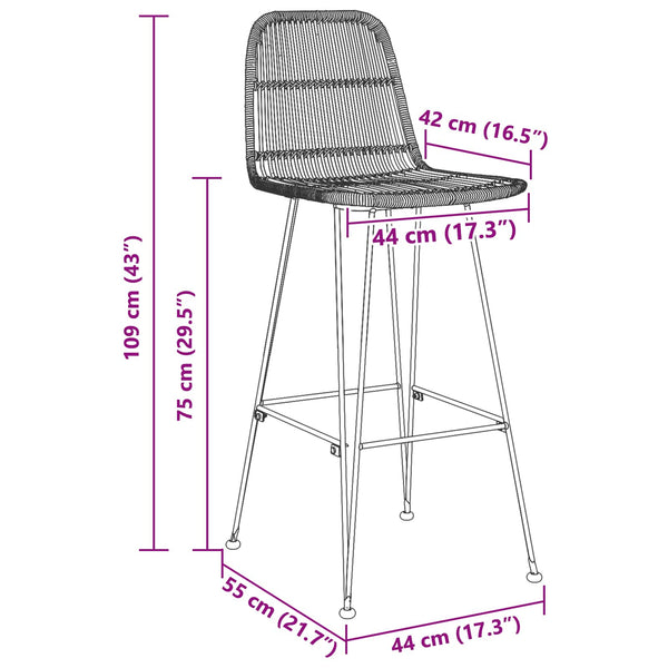 Baarijakkara 2 kpl Musta 44 x 55 x 109 cm Rattan ja Teräs
