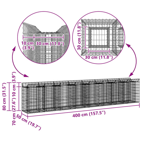 Gabion Kohotettu Peti 3 kpl 400 x 50 x 80 cm Galvanoitu teräs