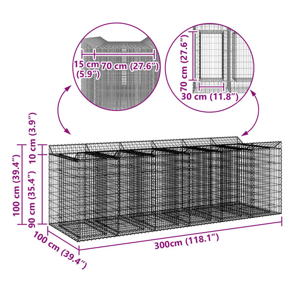 Gabion Kohotettu Peti 3 kpl 300 x 100 x 100 cm Galvanoitu teräs