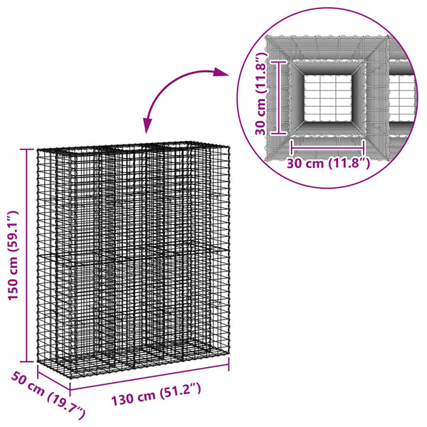 Gabion Kohotettu Peti 2 kpl 130 x 50 x 150 cm Galvanoitu teräs