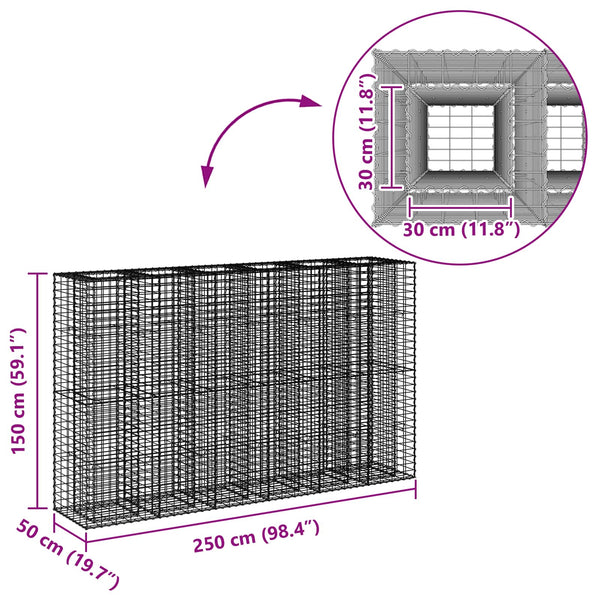 Gabion Kohotettu Peti 3 kpl 250 x 50 x 150 cm Galvanoitu teräs
