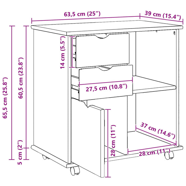 Rullaava kaappi 63,5 x 39 x 65,5 cm Massiivinen mänty Ruskea