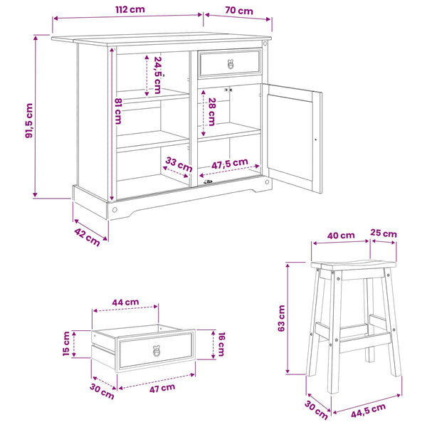 Keittiösaari Setti 3 kpl Hunajavaha 112 x 70 x 91,5 cm