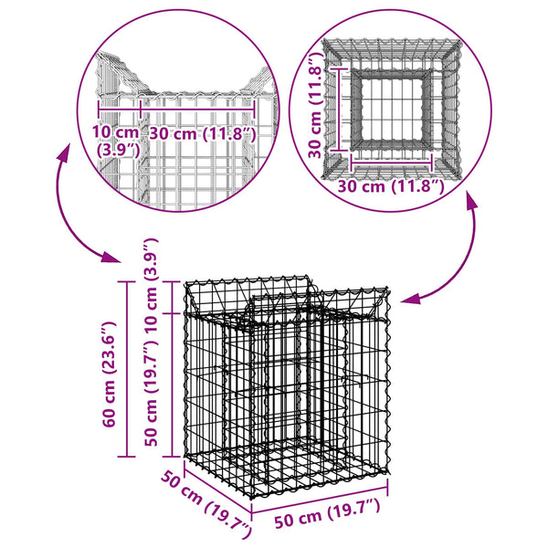 Gabion Kohotettu Peti 50 x 50 x 60 cm Galvanoitu teräs Hopea