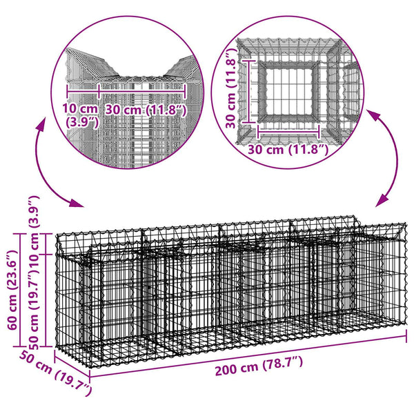 Gabion Kohotettu Peti 200 x 50 x 60 cm Galvanoitu teräs Hopea