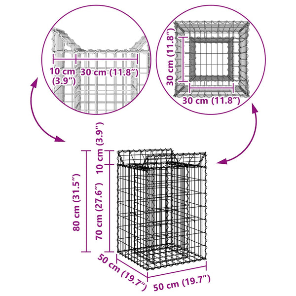 Gabion Kohotettu Peti 50 x 50 x 80 cm Galvanoitu teräs Hopea